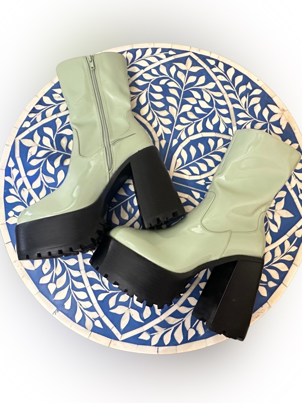 {ASOS} Chunky  Heel Sage Green Patent Platform Boots Sz 7